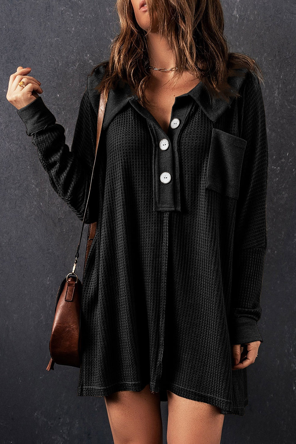 Waffle Knit Buttoned Long Sleeve Top with Breast Pocket