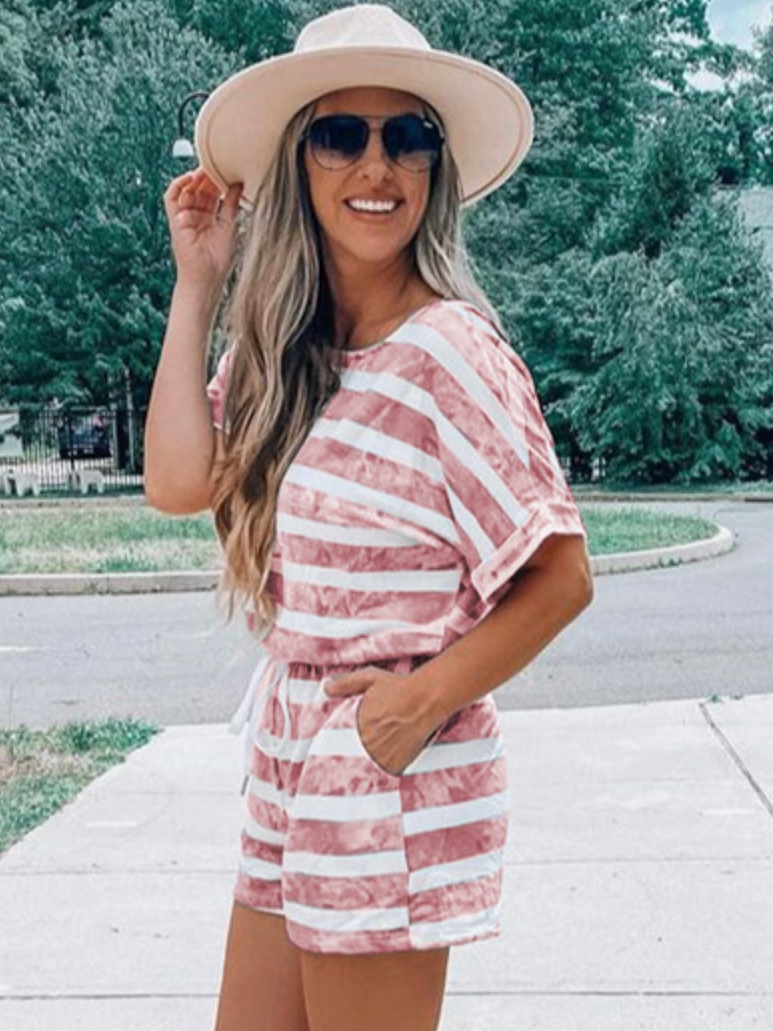 Striped Round Neck Top & Shorts Set