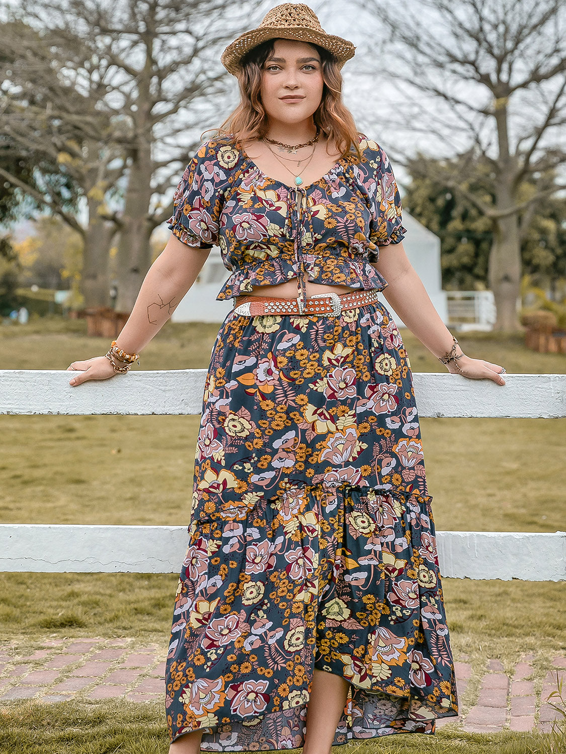 Plus Size Tie Neck Short Sleeve Top & Skirt Set