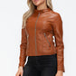 Snobbish Faux Leather Zip Up Drawstring Hooded Jacket