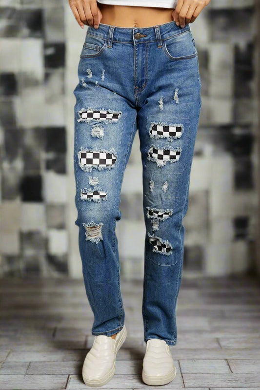 Baeful Checkered Patchwork Mid Waist Distressed Jeans