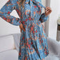 Pleated Printed Tie Neck Long Sleeve Dress