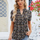 Ruched Printed Notched Short Sleeve Blouse