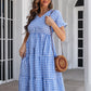 Plaid V-Neck Short Sleeve Midi Dress