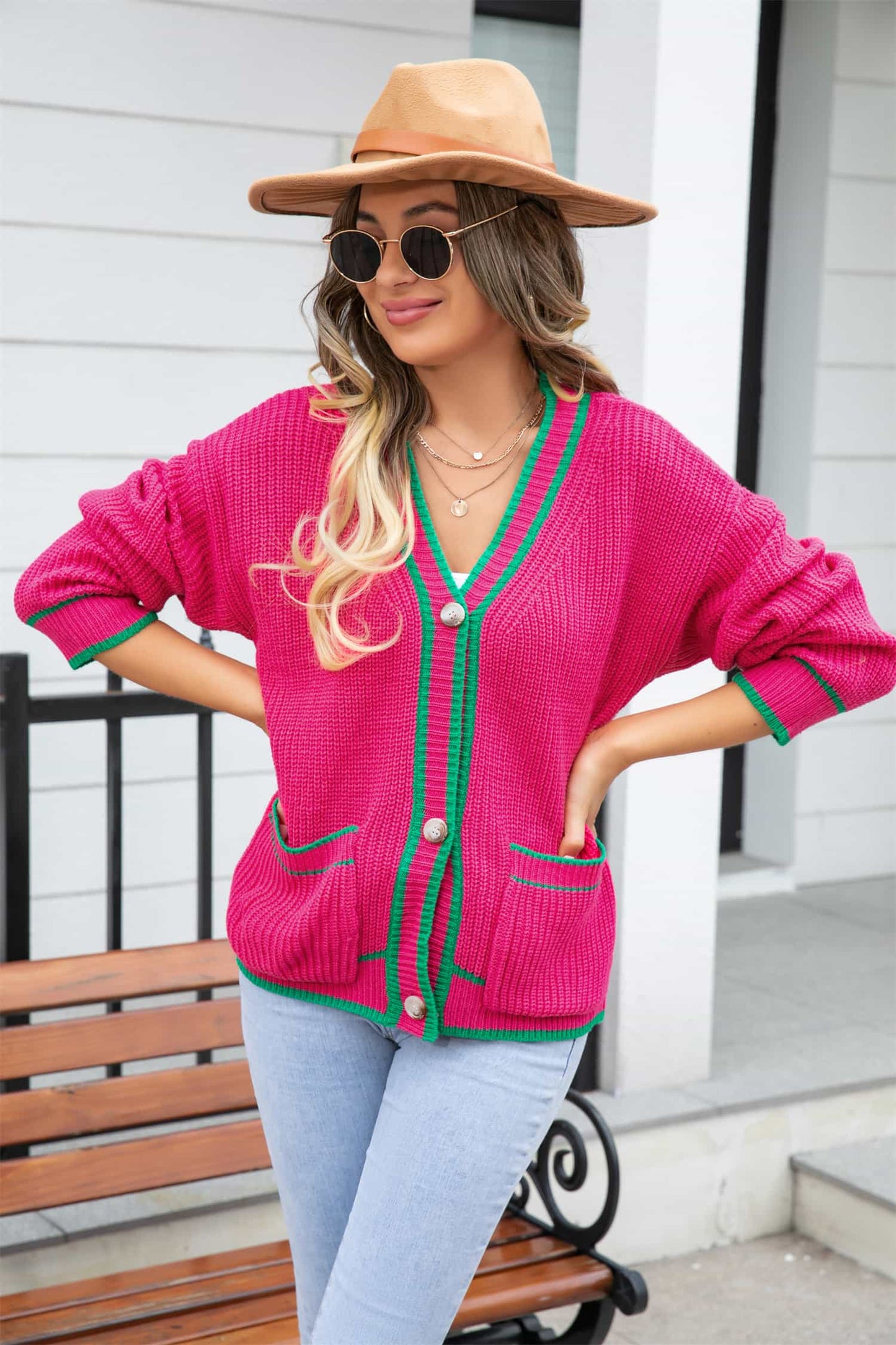 Waffle Knit V-Neck Cardigan with Pocket