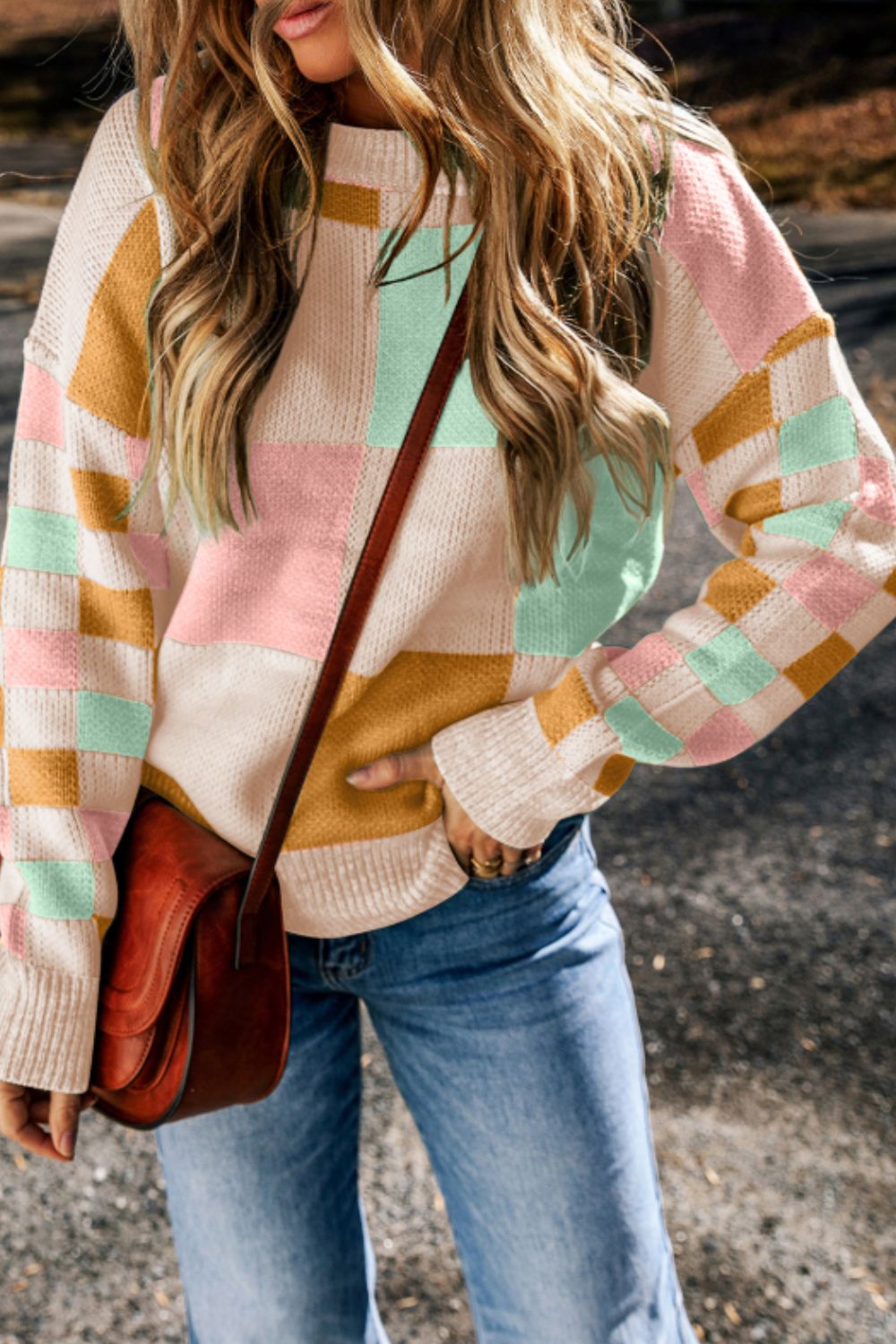 Checkered Round Neck Drop Shoulder Sweater