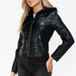 Snobbish Faux Leather Zip Up Drawstring Hooded Jacket