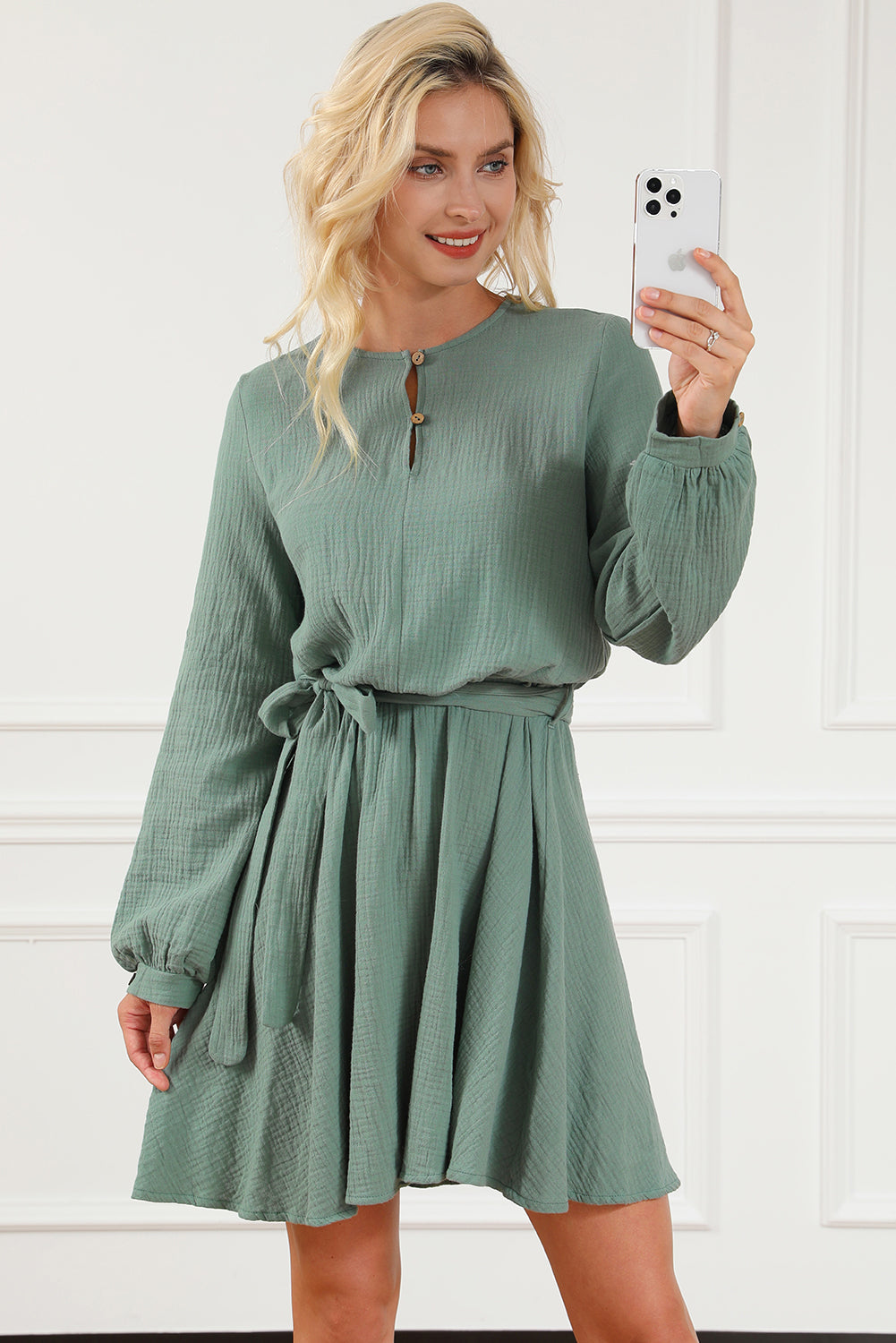 Round Neck Long Sleeve Tie Waist Dress