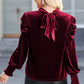 Mock Neck Puff Sleeve Velvet Blouse