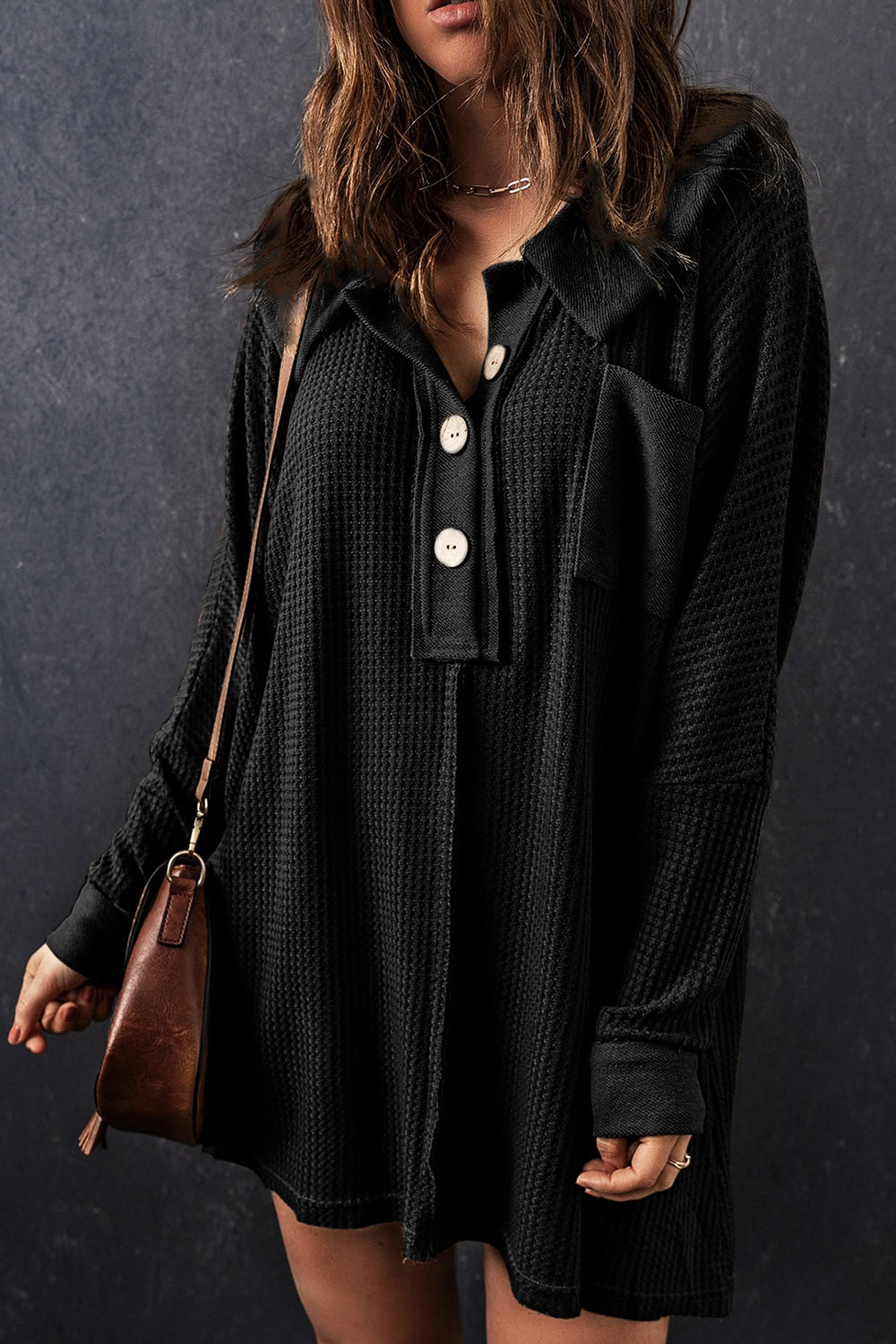 Waffle Knit Buttoned Long Sleeve Top with Breast Pocket