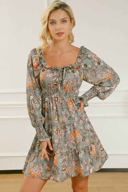 Printed Smocked Lantern Sleeve Tiered Dress