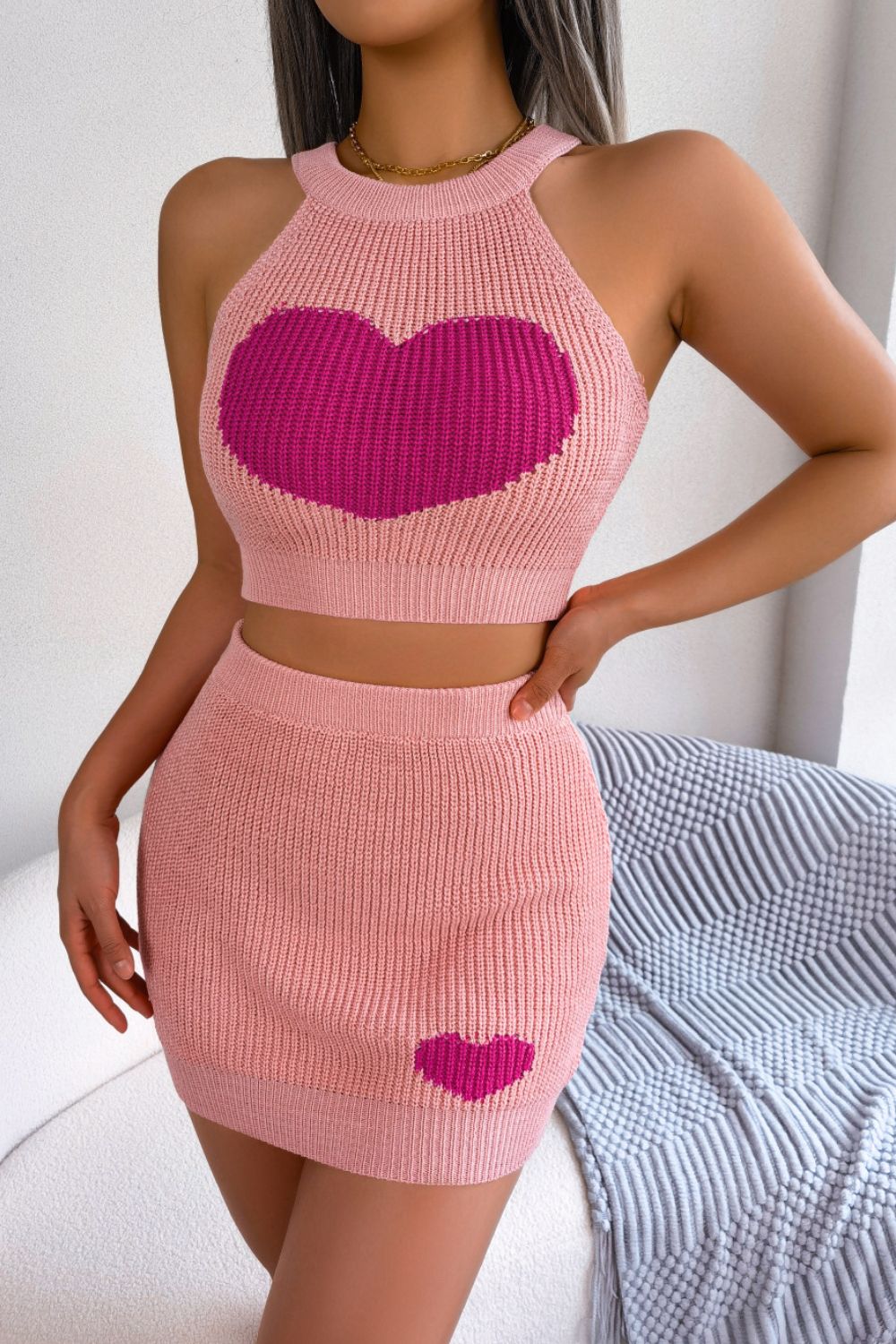 Heart Contrast Ribbed Sleeveless Knit Top & Skirt Set