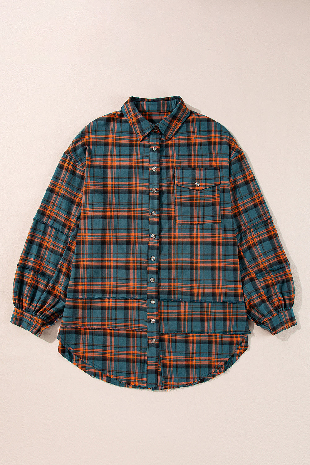 Red Plaid Long Sleeve Distressed Hem Shirt