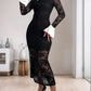 Perfee Lace Contrast Collared Neck Long Sleeve Midi Dress