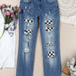 Baeful Checkered Patchwork Mid Waist Distressed Jeans