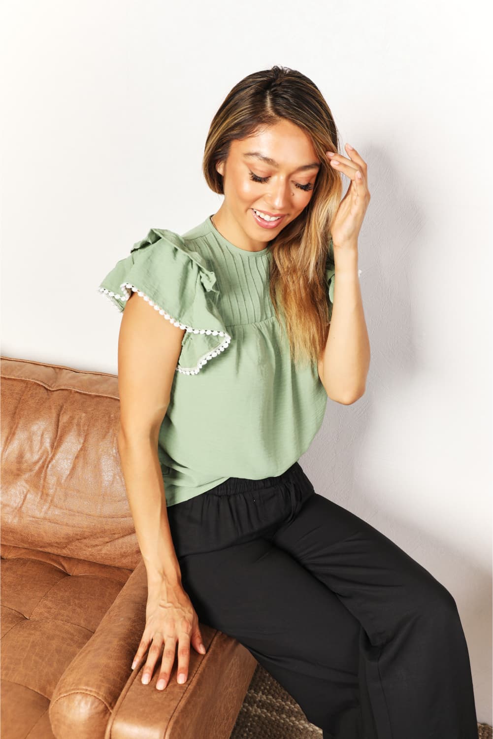 Pleated Detail Flutter Sleeve Blouse