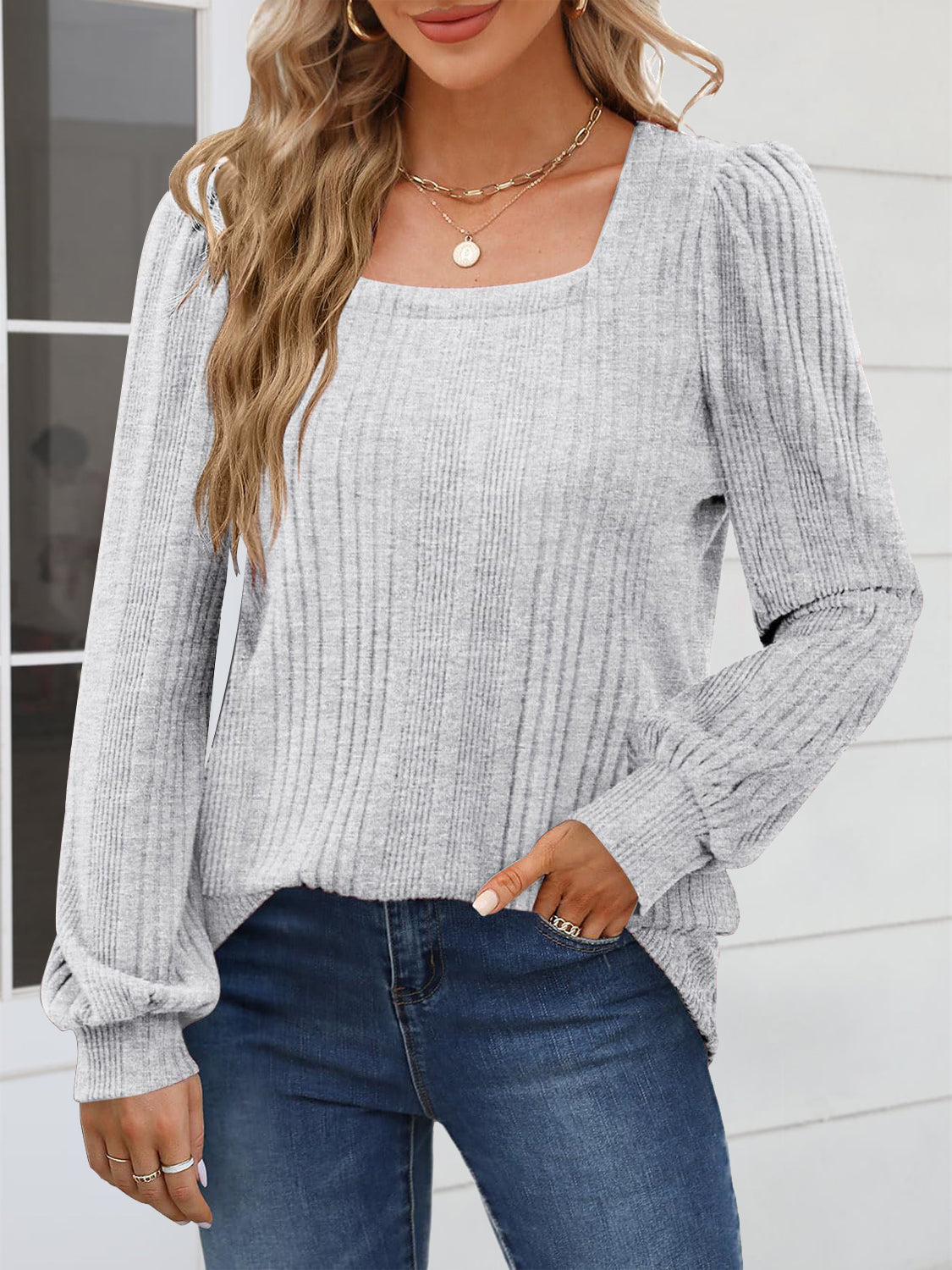 Square Neck Long Sleeve Blouse