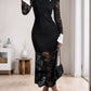 Perfee Lace Contrast Collared Neck Long Sleeve Midi Dress