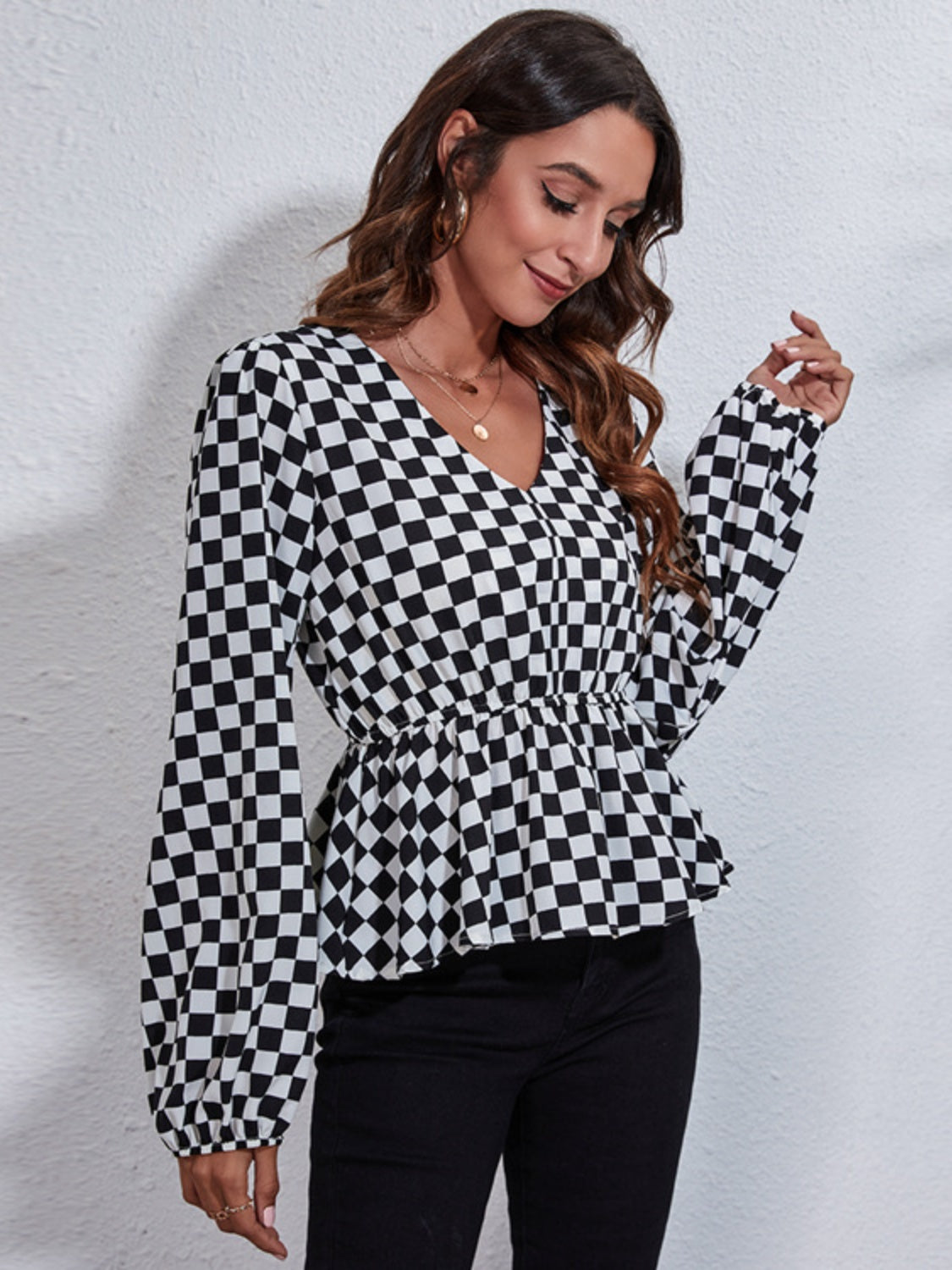 Ruched Printed V-Neck Long Sleeve Blouse