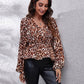 Ruched Printed V-Neck Long Sleeve Blouse