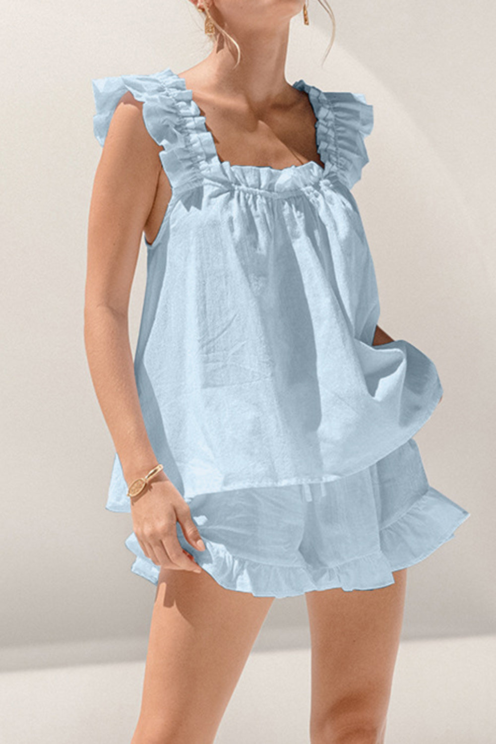 Ruffled Square Neck Top & Shorts Set