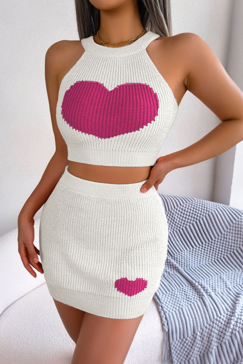 Heart Contrast Ribbed Sleeveless Knit Top & Skirt Set