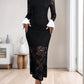 Perfee Lace Contrast Collared Neck Long Sleeve Midi Dress