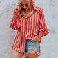 Striped Collared Neck Lantern Sleeve Shirt