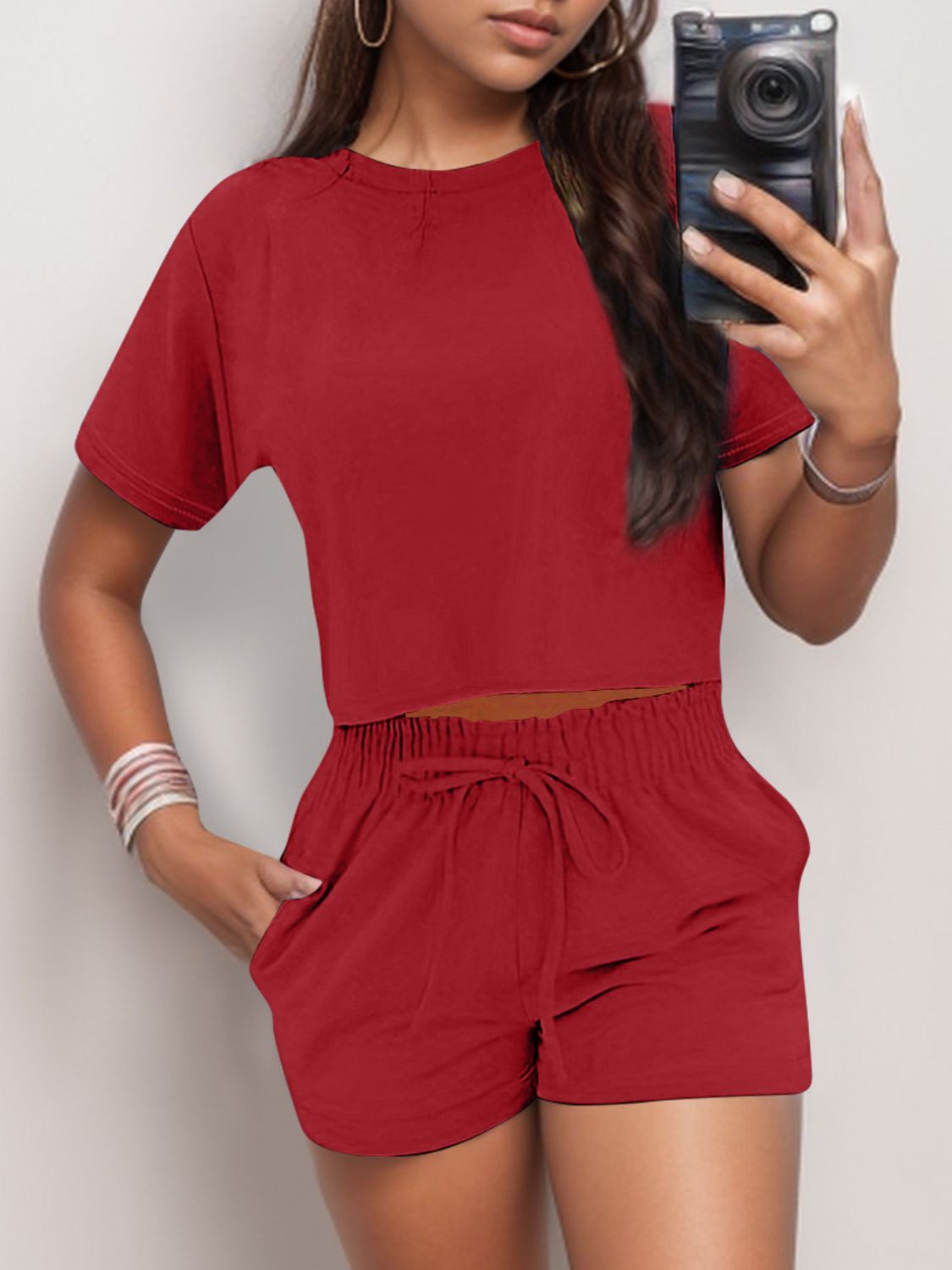 Round Neck Short Sleeve Top & Shorts Set