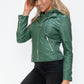 Snobbish Faux Leather Zip Up Drawstring Hooded Jacket