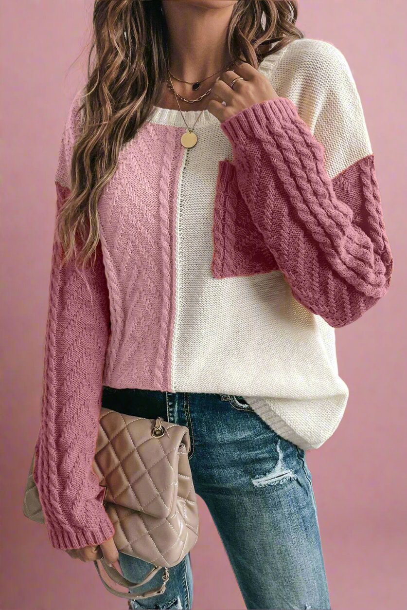 Color Block Round Neck Long Sleeve Sweater