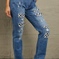 Baeful Checkered Patchwork Mid Waist Distressed Jeans