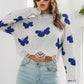 Printed Round Neck Ribbed Long Sleeve Sweater