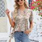 Ruched Printed Notched Short Sleeve Blouse