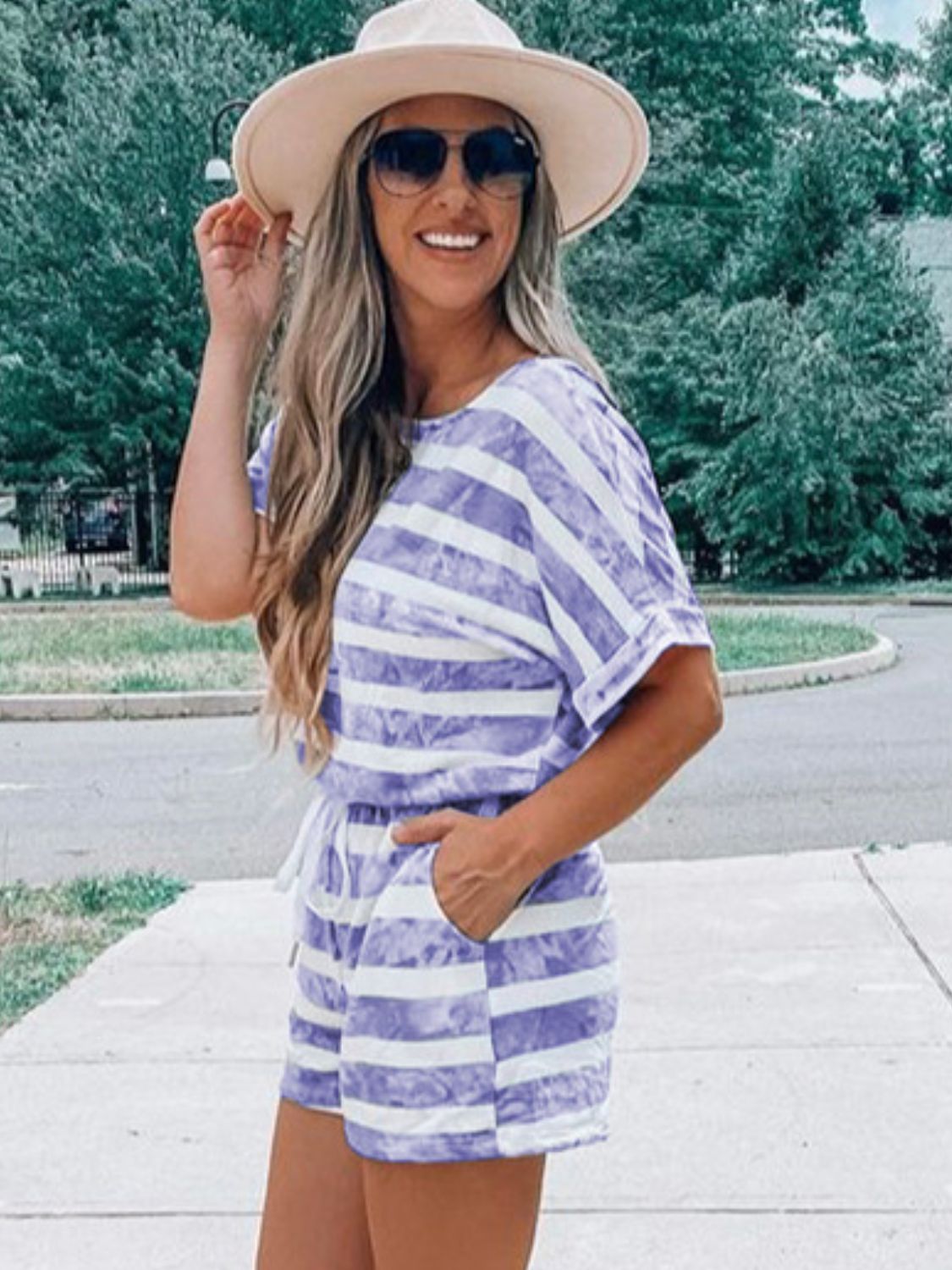 Striped Round Neck Top & Shorts Set