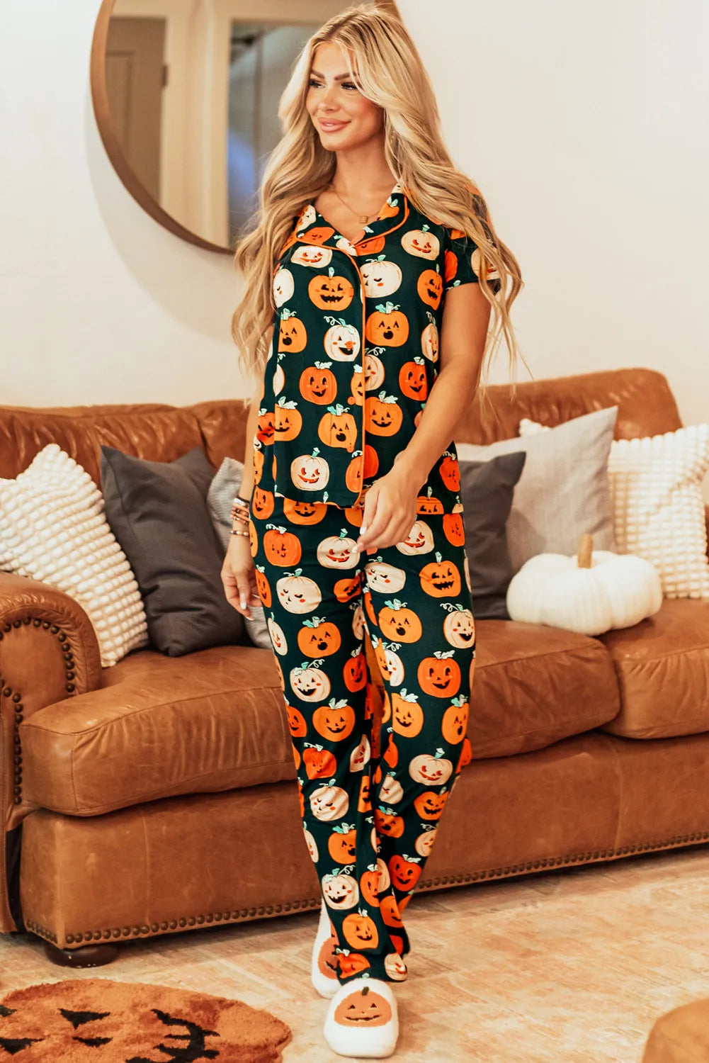 Pumpkin Printed Short Sleeve Top and Pants Pajama Set