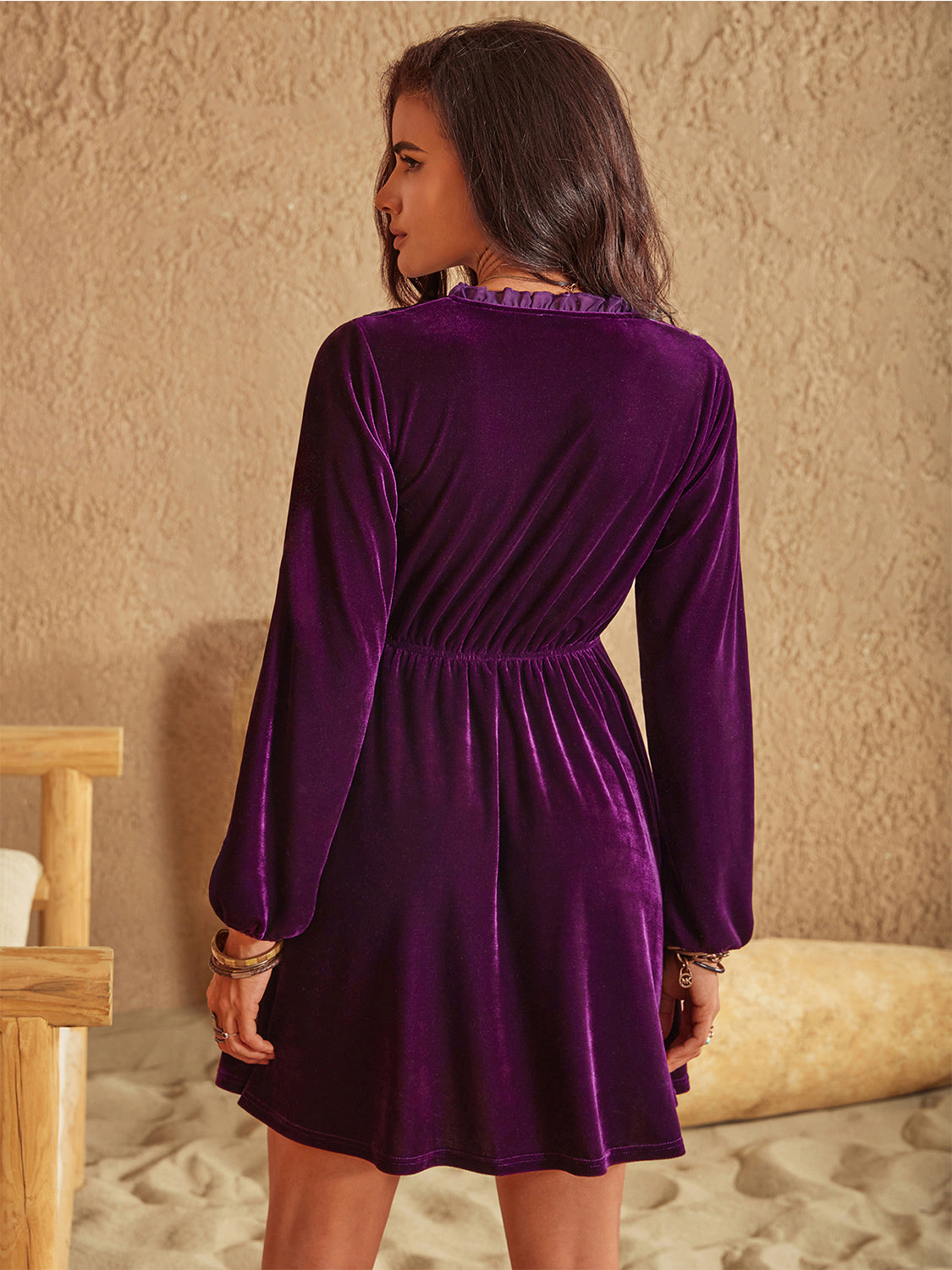 Ruffled V-Neck Long Sleeve Dress