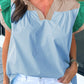 Ruffled Color Block Notched Cap Sleeve Blouse