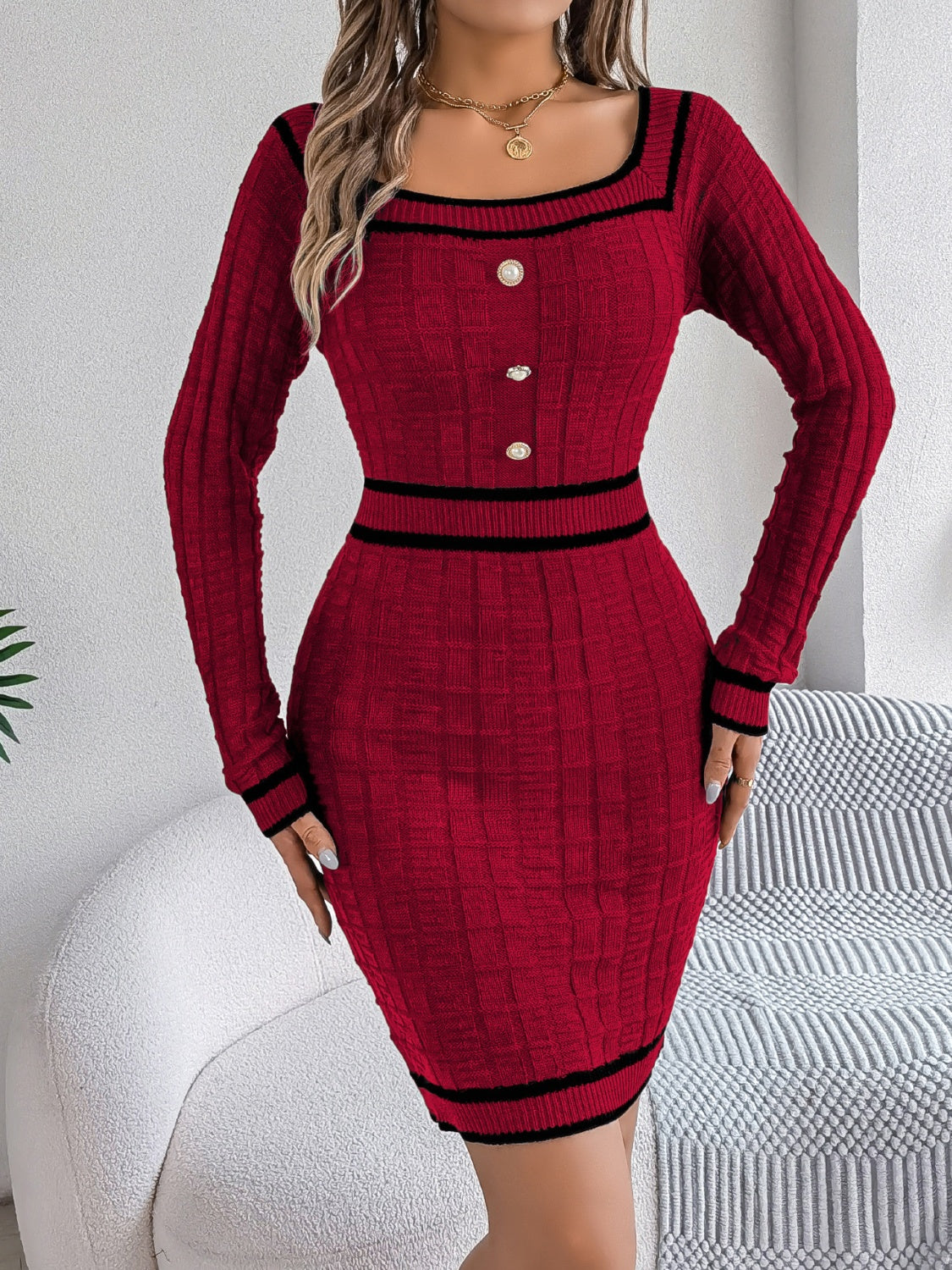 Contrast Trim Long Sleeve Sweater Dress