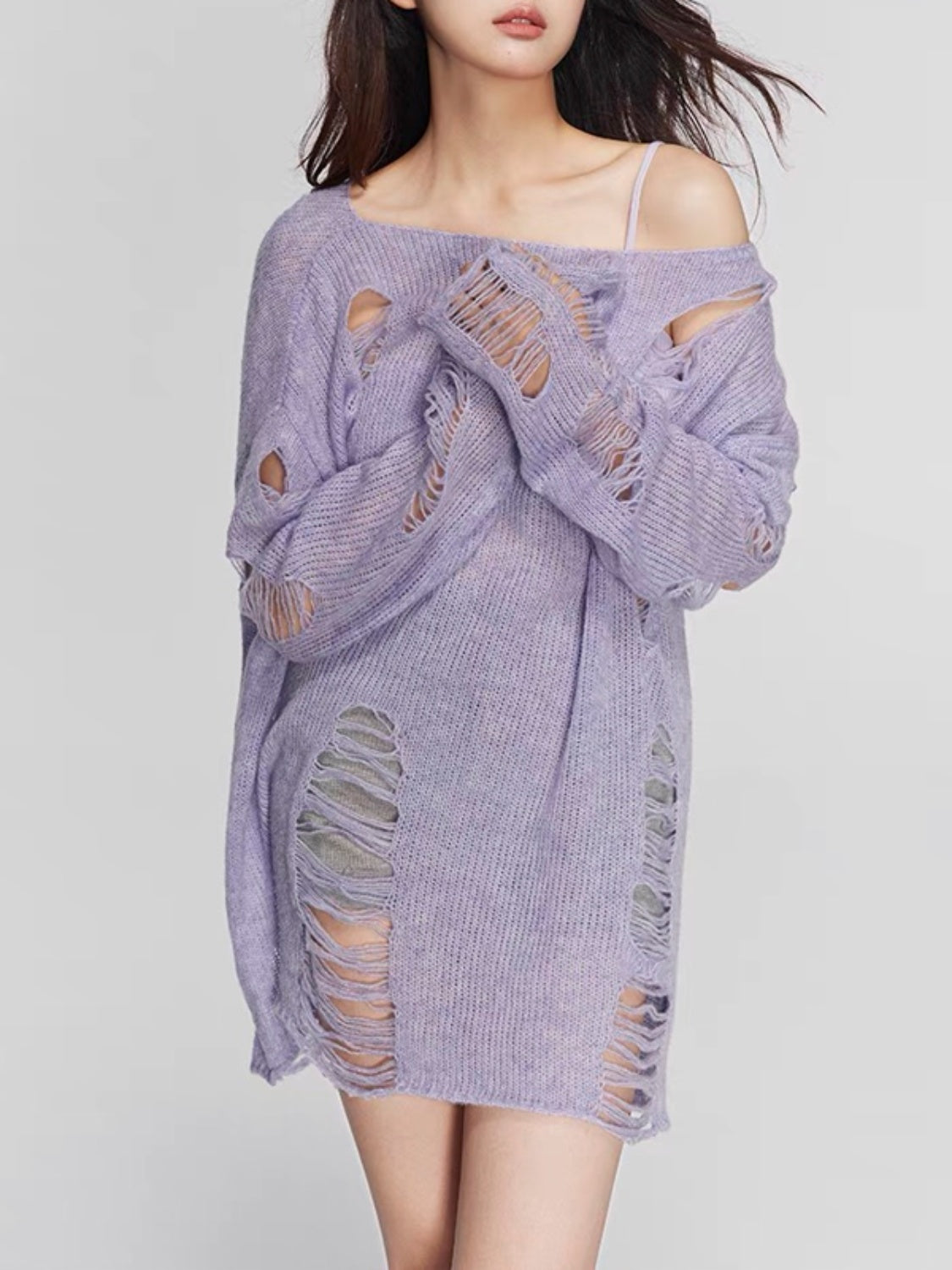 Distressed Boat Neck Knit Cover Up