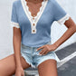 Waffle-Knit V-Neck Short Sleeve Blouse