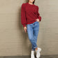 Woven Right Heathered Long Lantern Sleeve Rib-Knit Sweater