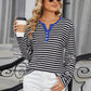 Striped Notched Long Sleeve T-Shirt