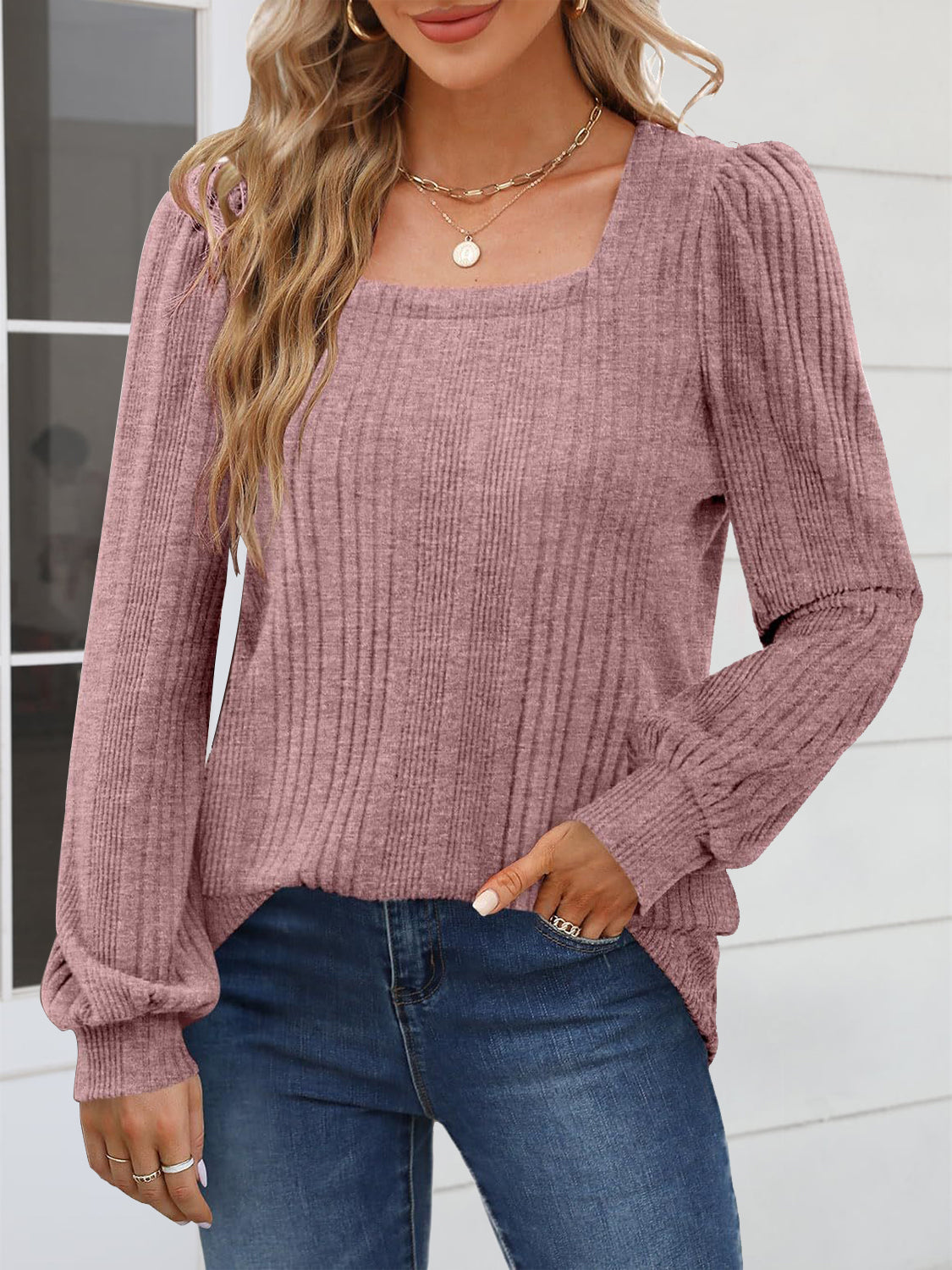 Square Neck Long Sleeve Blouse