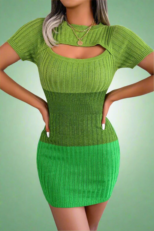 Color Block Cutout Short Sleeve Sweater Dress