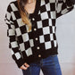 Checkered Open Front Button Up Cardigan