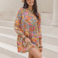 Printed V-Neck Balloon Sleeve Mini Dress