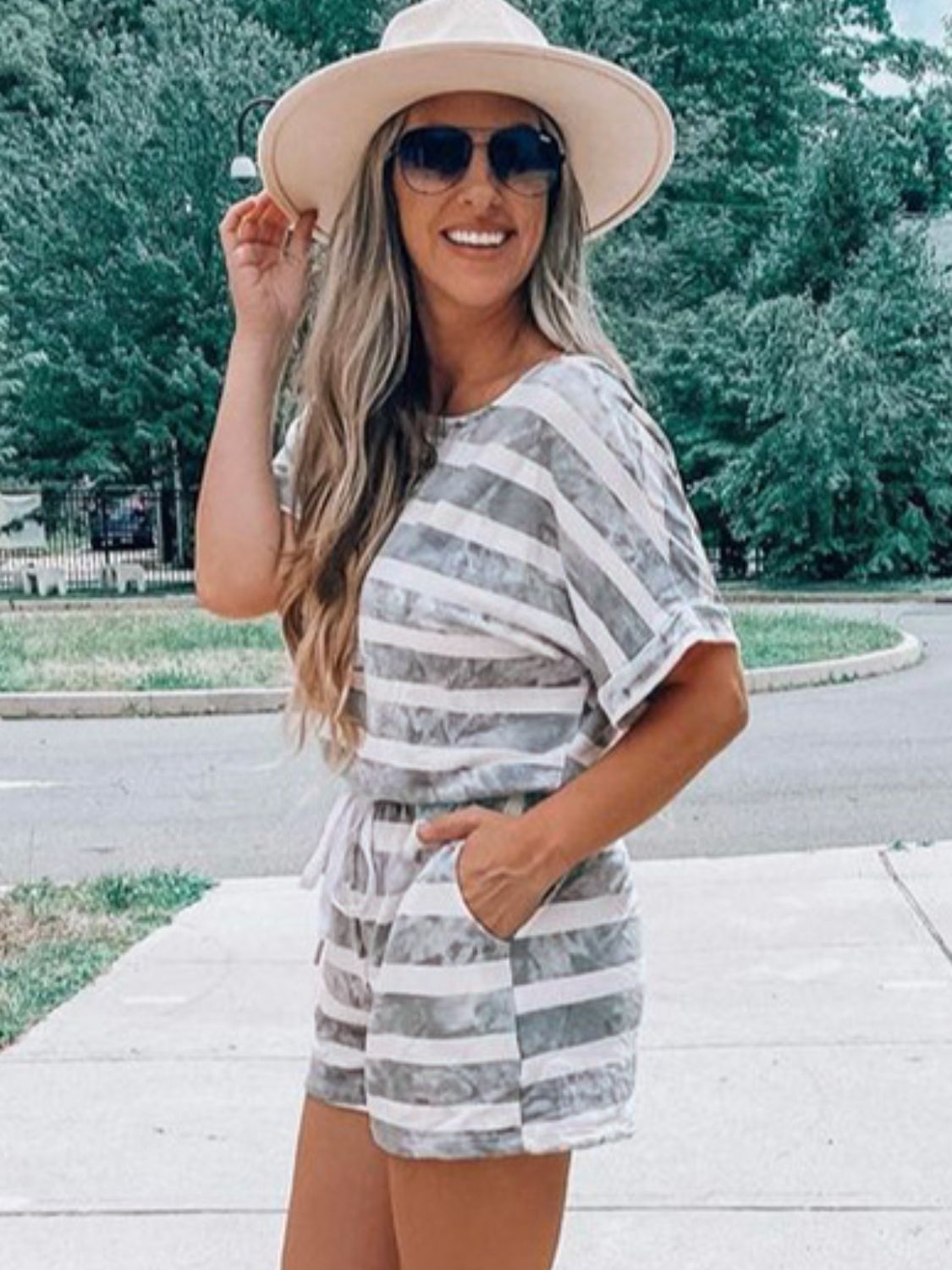 Striped Round Neck Top & Shorts Set