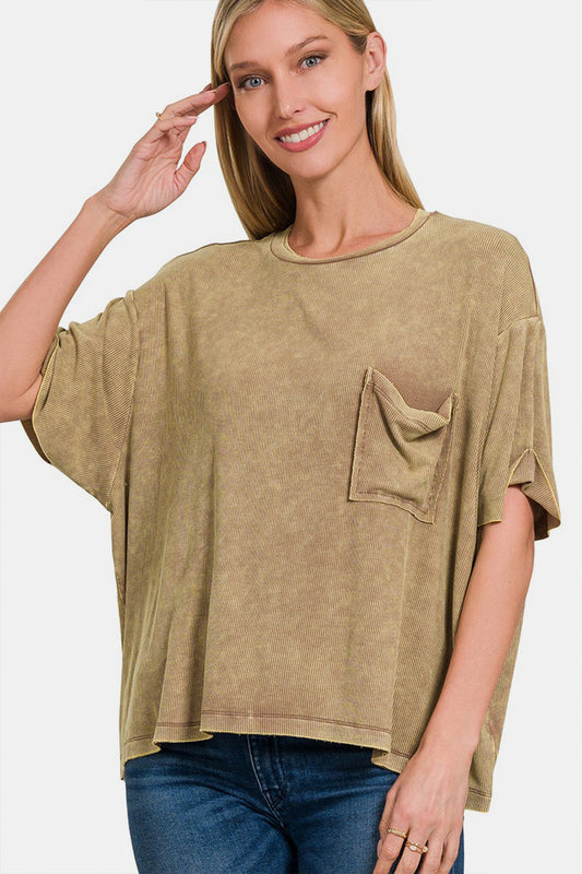 Zenana Ribbed Round Neck Drop Shoulder T-Shirt