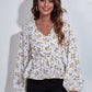 Ruched Printed V-Neck Long Sleeve Blouse